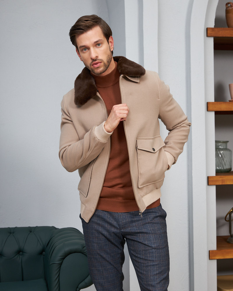Wool & Cashmere Faux Fur Beige Jacket