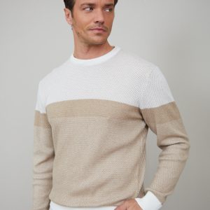 Contrasting Color Cotton Blend Beige Sweater