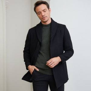 Wool Blend Detachable Collar Black Coat