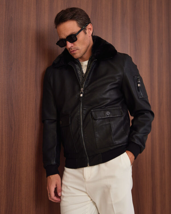 Black Pilot Fur Neck Leather Jacket