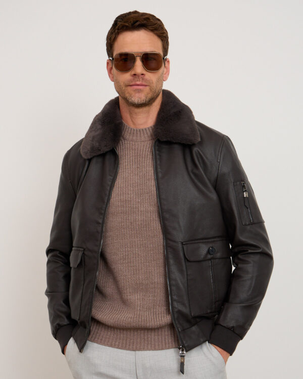Brown Pilot Fur Neck Leather Jacket