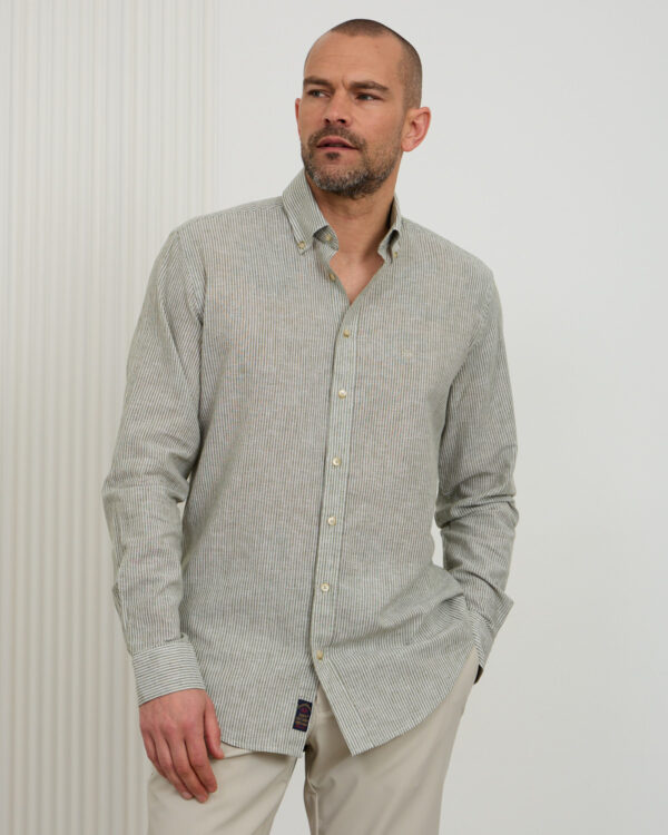 Green Thin Striped Linen Shirt