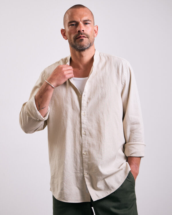 Beige Stand Up Collar Linen Shirt
