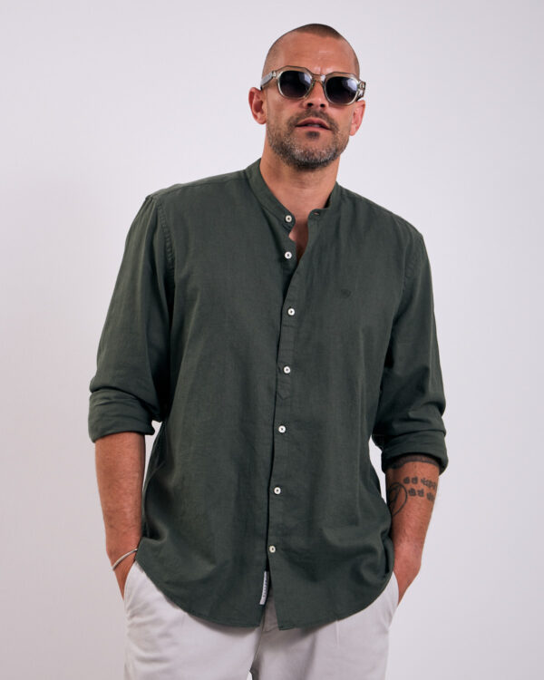 Olive Stand Up Collar Linen Shirt