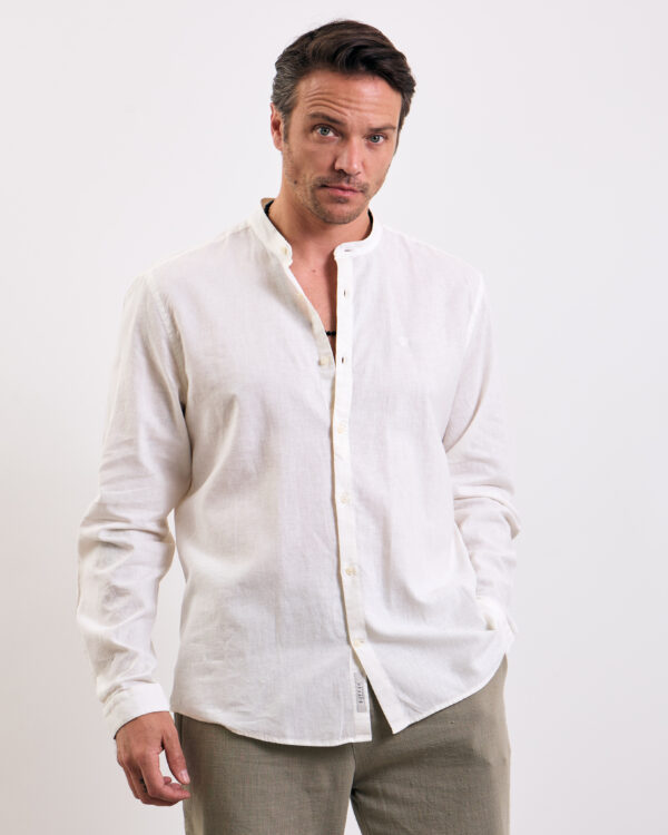 White Stand Up Collar Linen Shirt