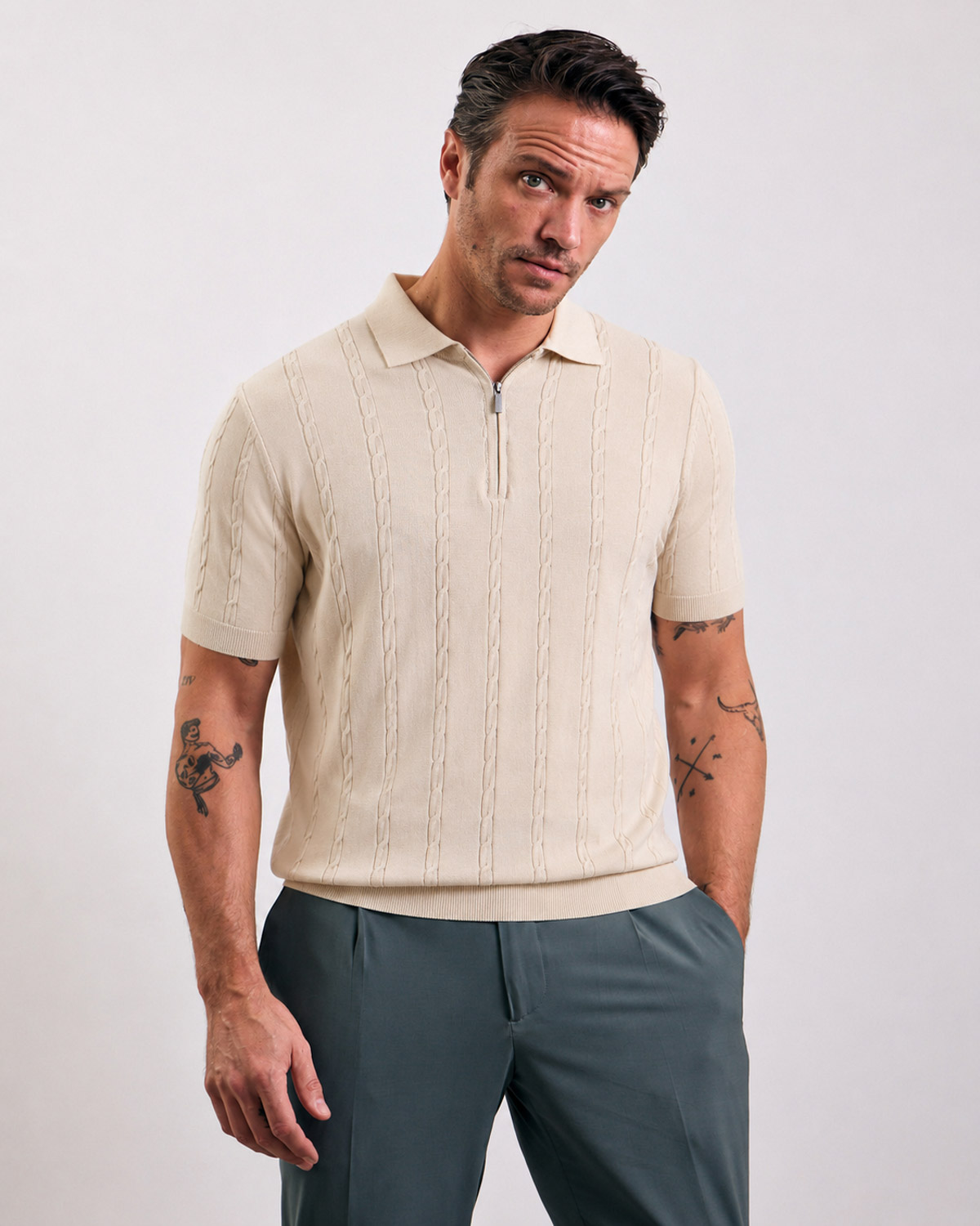 Beige Braid Patterned Polo